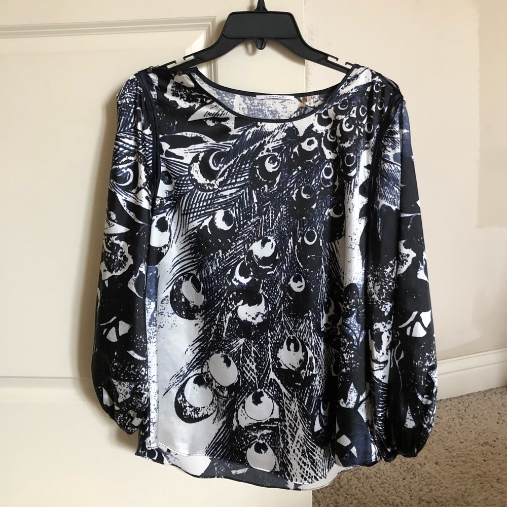 Tahari Blouse Top Women's Blue Black Peacock Feather Print Long Sleeve